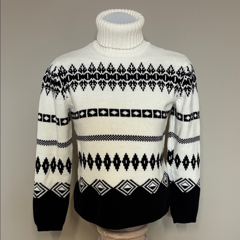 Cleo Black and Cream Patterned Turtleneck Sweater; Cotton Blend; Size: SP